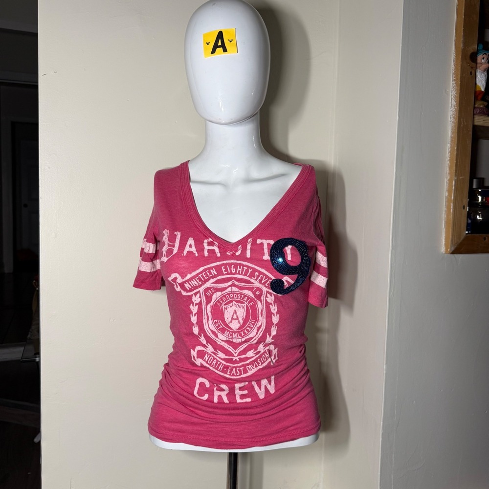 Y2k Aeropostale Graphic V-Neck Tee Pink XS